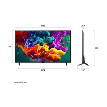 Een LG QNED evo AI QNED86 Mini LED, weergegeven van de voorkant en van de zijkant, heeft een 55 inch scherm dat 1236 mm breed is, 716 mm hoog, 783 mm hoog met standaard, een profieldiepte van 29,7 mm en een afmeting van de voet van de standaard van 1074 bij 257 mm.